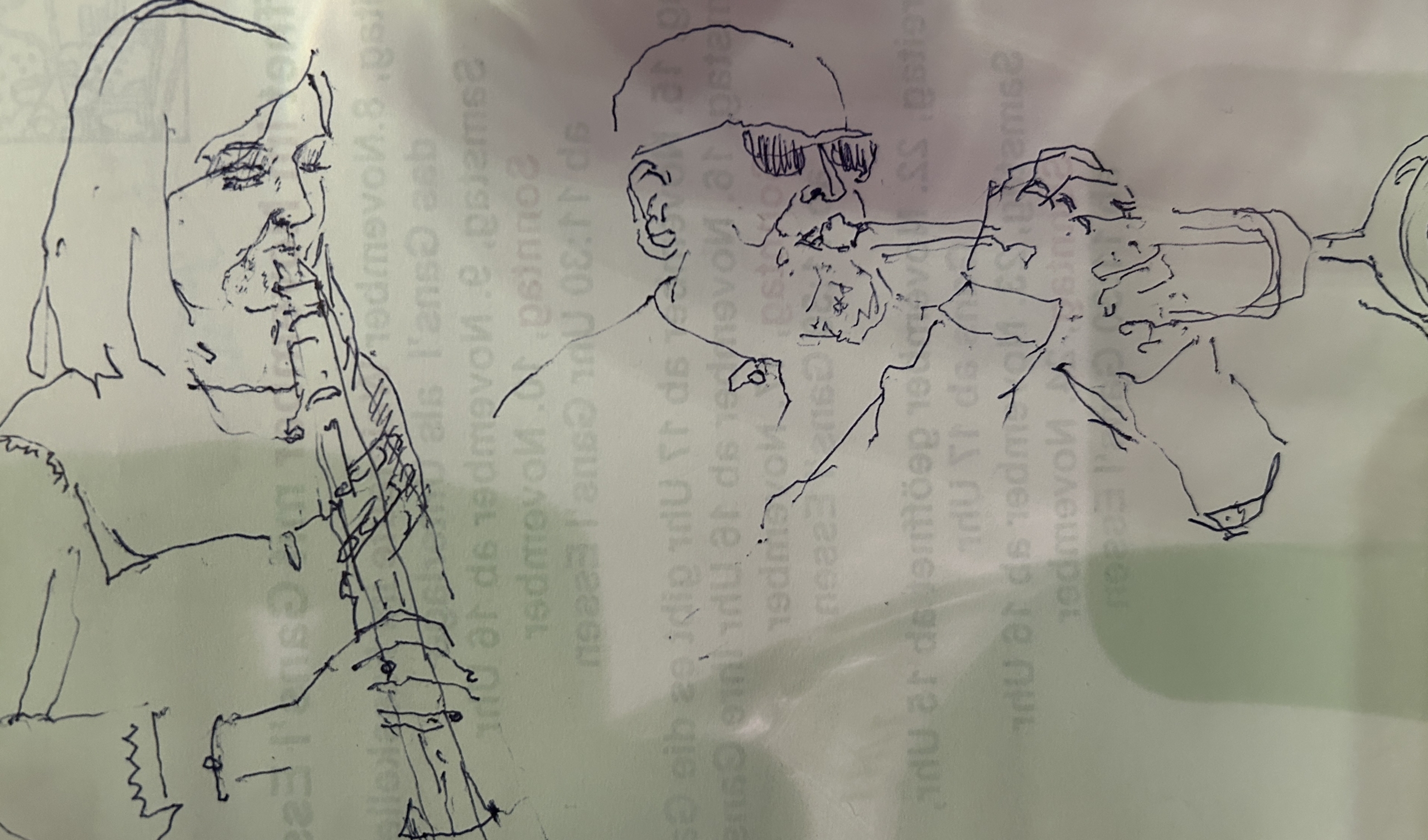 A drawing of the Virginia MacDonald – Stephane Belmondo Quintet’s performance at Seidl-Keller in Bruck an der Leitha A drawing of the Virginia MacDonald - Stephane Belmondo Quintet's performance at Seidl-Keller in Bruck an der Leitha